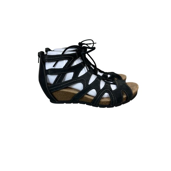 Earth Origins Shoes - Earth Origins Kendra Kamilla black leather lace-up wedge gladiator sandals size